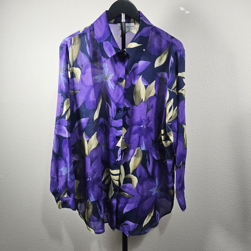 Susan Graver Style Blouse Women Large Purple Floral Button Down Long Sleeve Chic